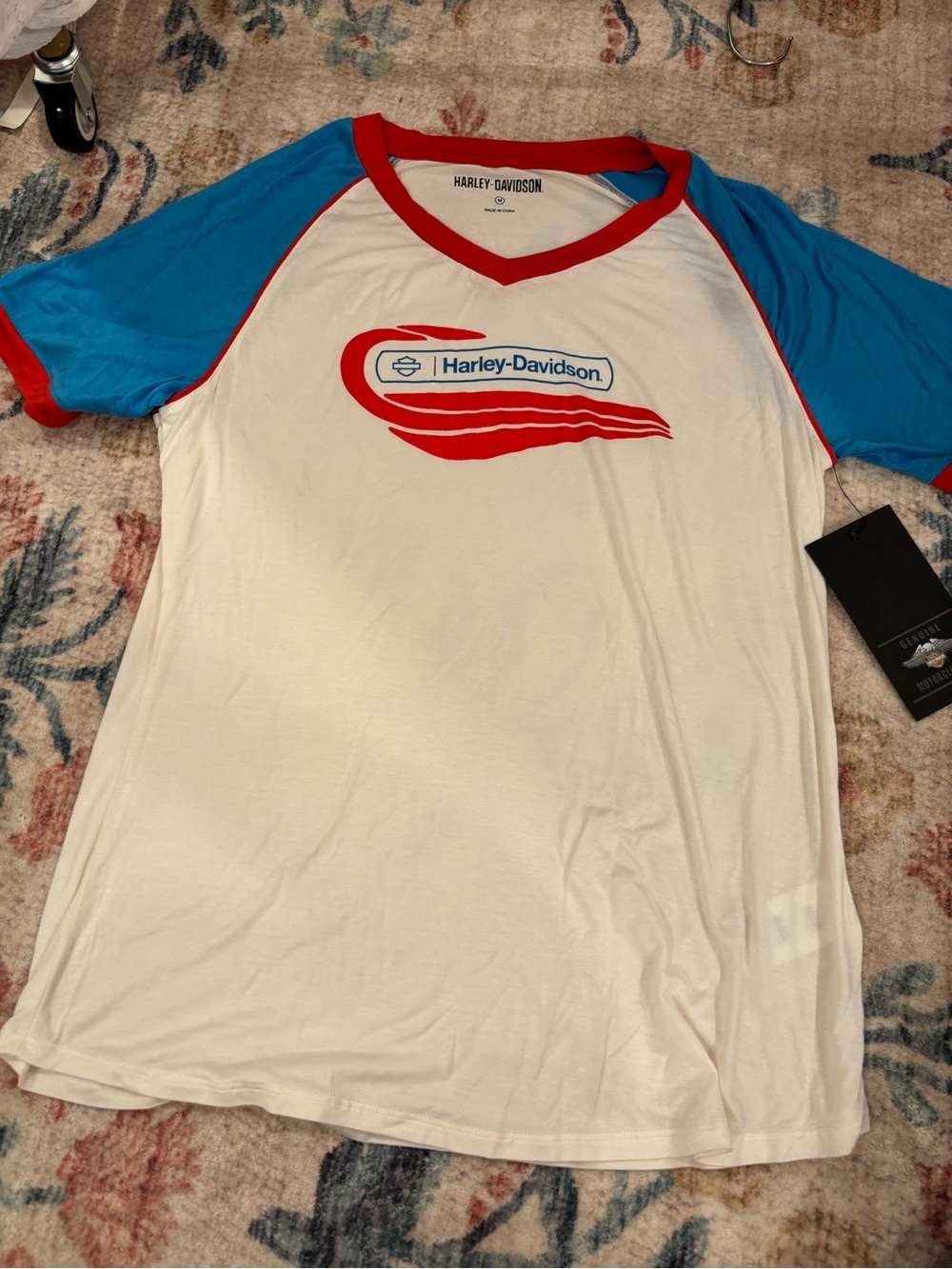 Harley-Davidson White, Blue & Red Raglan Short Sleeve Tee